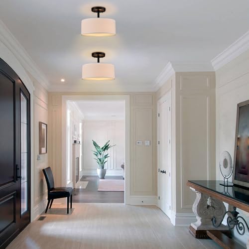 Image of Modern 3 Light Black Drum Semi Flush Mount Ceiling Light Fixture | Ceiling Mount for Hallway Bedroom Entryway Foyer Office