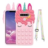 Fidget Toys Stress Relief Phone Case for LG Stylo 6/K71 with Strap, Push Pop Bubble 3D Cartoon Funny Kawaii Cute Silicone Cover for Girls Kids Teen, Protective Aesthetic Color Bubble Case - Pink