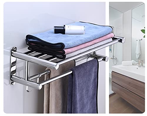 Porte-serviettes double moderne argenté support mural avec étagère 40 cm