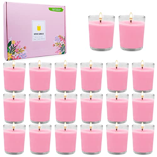 20 Packs Unscented Pink Votive Candles in Glass, Small 2 Inch Natural Soy Wax Scentless Candles for Valentine's Day Tabe Centerpiece Wedding Party Home Decor Holiday Relaxation Spa
