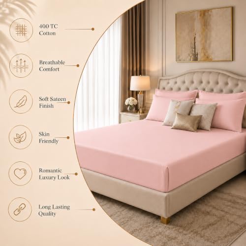 Image of LINENWALAS 100% Cotton Fitted Bedsheet, 400tc Long Staple Imported Egyptian Cotton, Soft, Premium Bed Sheet with Pillowcase for King Bed All-Around Elastic for 4-8 Inch Mattresses (72 inch x78 inch, Blush)