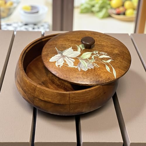 Image of Seasoned and Treated Mango Wood Wooden Chapati Box, Wooden roti box with lid, Melamine Coated, Printed lid- 10inch round with 1kg approx weight, Brown