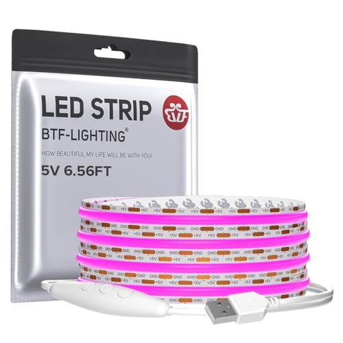 Image of BTF-LIGHTING 5V USB Purple Color COB LED Strip Lights Super Bright Dimmable LED Tape Light,6.56FT 320LEDs Flexible Light Strip with Strong 3M Tape for 3D Printer,TV Backlight,Cabinet,Home Lighting