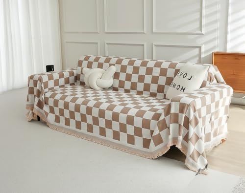 Image of The Furnishing Tree 3 Seater Reversible Chenille Sofa Cover, Double-Sided Luxury Throw, Anti-Slip Couch Cover, Soft & Comfortable Sofa Towel for All Seasons, Checkered Aesthetic