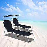 VINGO Sonnenliege 2er Set, hoch, klappbar, Gartenliege mit verstellbarem Sonnendach, aus rostfreiem Stahl, atmungsaktiv für Camping Freizeit Garten Strand,bis 110 kg belastbar, Schwarz - 2