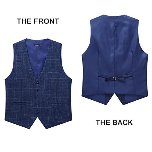 Hisdern Men's Suit Vest Blue Plaid Dress Vest For Men Slim Fit Formal Waistcoat Vest For Tuxedo Or Suit Classic V-Ncek Solid Color Wedding Business Navy Vest #TOP2