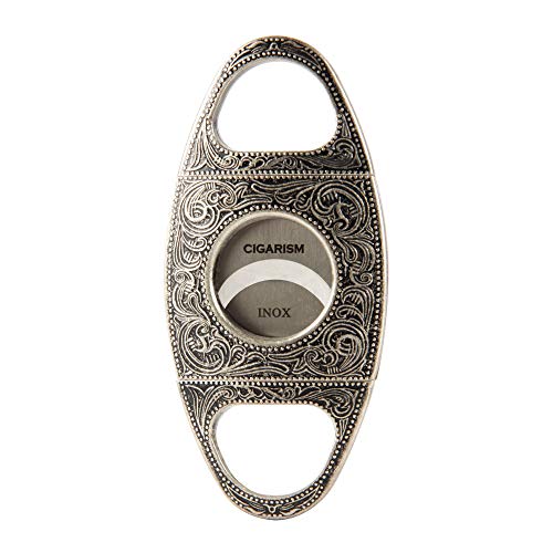 CIGARISM Copper Flower Carving Vintage 2 Blades Cigar Cutter (Silver)
