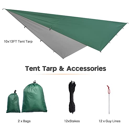 Yescom Hammock Rain Fly Waterproof Tent Tarp, 210D Oxford, UV Protection and PU3000mm Lightweight Shelter Canopy Including Accessories for Camping, Backpacking and Outdoor Adventure (Green-10x13FT)