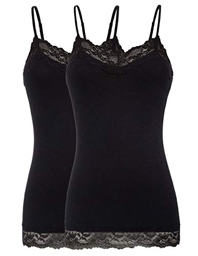 Women's Adjustable Bottom Lace Long Cotton Cami Tops (M,2 Pack Black And Black) #TOP20