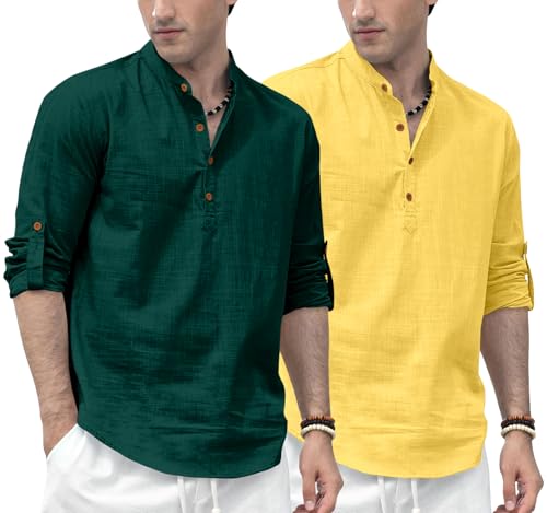 Image of Zombom Men's Combo Cotton Polyester Blend Solid Full Sleeve Straight Regular Fit Mandarin /Chinese Collor Kurta (Pack of 2)