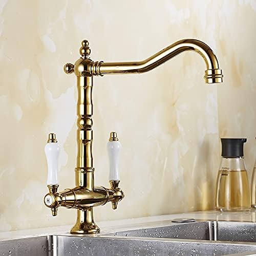 Kitchen Sink Faucet for Bar Farmhouse Commercial, Kitchen Sink Faucet, Mixer Cold and Hot, Double Handle Swivel Spout, Gold/Black/Chrome/Antique Kitchen Water Sink Mixer Tap (Color : Gold)