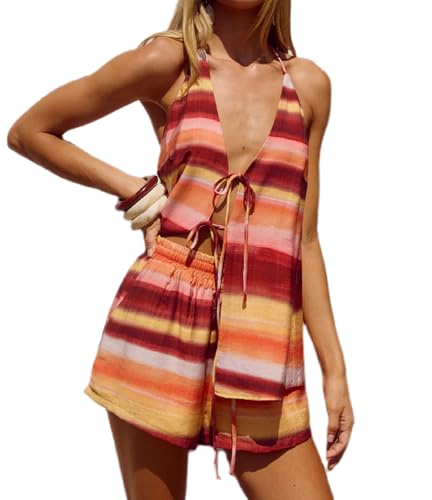 Image of ROAONOCOMO Women Tie Front Shorts Set V Neck Halter Cami Top Y2K 2 Piece Pj Set Graphic Summer Beach Lounge Outfit