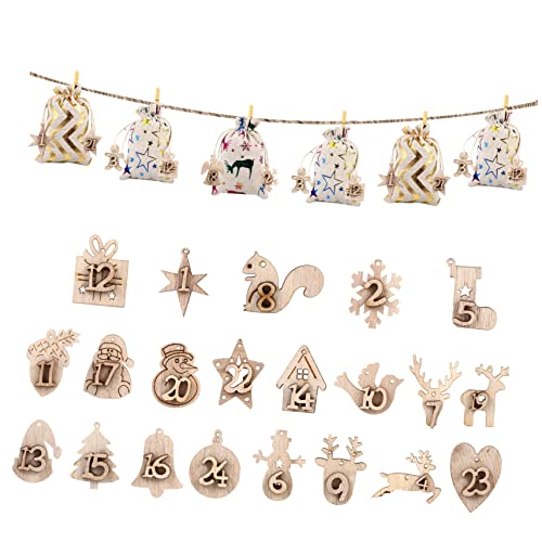 TOPPERFUN 24個マス 用束口袋 麻ひも 木製 付 ラベル付き アド ダー対応 収納用