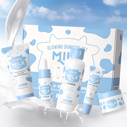 LAIKOU Milk Skincare Set Nourishing Skin Care Kit with Cleanser Toner Serum Eye Cream & Moisturizer Pamper Gift Set for Teenage Girls & Women Birthday & Travel Size 5PCS