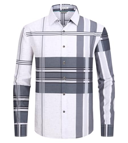 Alex Vando Mens Print Plaid Button Down Shirts Wrinkle Free 4-Way Stretch Casual Dress Shirt for Men