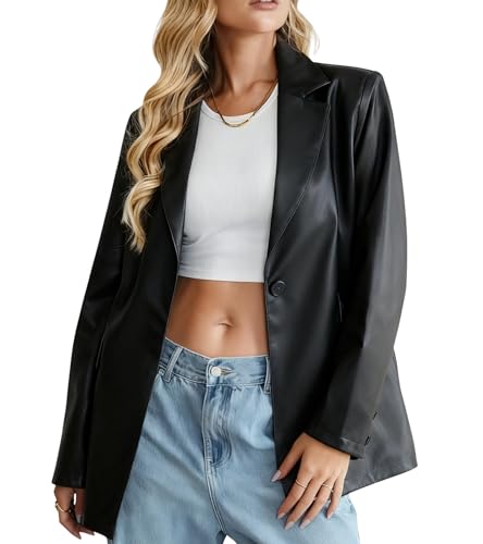 OrbiflexY Women's Oversized Faux Leather Blazer Jacket Motorcycle Biker Style Coat Long Sleeves Button Fashion Outer Wear (XX-Large, Black)