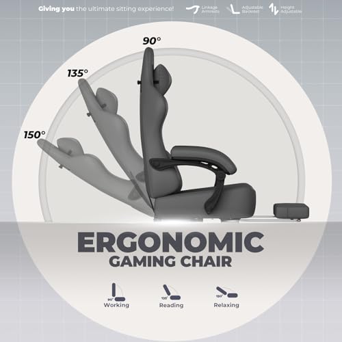 Image of GTPLAYER Gaming Chair with Pocket Spring Cushion, Big and Tall Gamings Chairs 350LBS High Back Computer Chair with Footrest for Adults Lumbar Support Swivel Game Chair for Office, Leather Grey