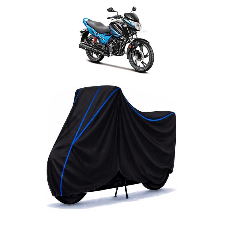 Image of Hero Glamour i3s Bike Cover Water Resistant Universal Motorcycle Rain | Heavy Duty UV Protection, Dust, Scratch Indoor Outdoor All Weather with Black Blue Piping Elastic