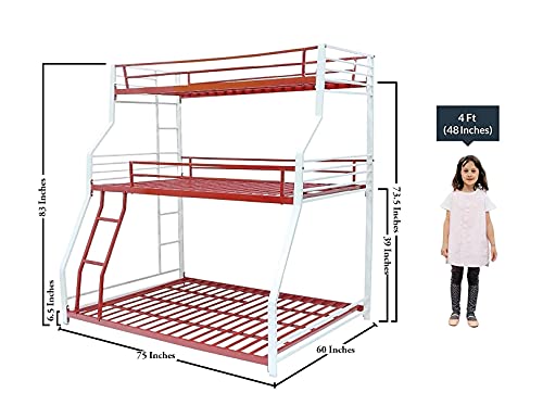 Furnline Abigail Triple Metal Twin Over Twin Bunk Beds for Kids | Bunker Bed for Adults | Double Decker Bed for Kids Room Furniture | Frame Only, Mattress not Included (Ivory & Red) - Image 2