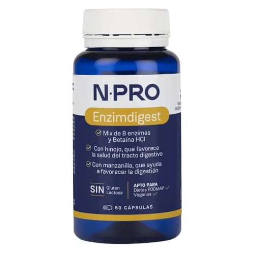 NPro SALUD INTESTINAL Enzimdigest 60 Cápsulas – Suplemento con 8 Enzimas – Digezyme®, Betaína HCI, Hinojo y Manzanilla – Favorece Digestión y Absorción de Nutrientes
