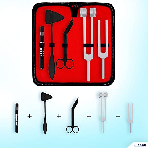 Image of Diagnostics Kit - Percussion Taylor Reflex Hammer + C 128 & C 512 Tuning Forks + Bandage Scissors + Pupil Gauge Pen Light in Carrying Case - 6 Pieces Set - Black & Silver
