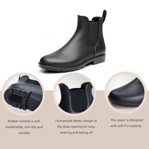 Women's Leather Chunky Heel Ankle Rain Boots Comfortable Round Toe Non-Slip Waterproof Lightweight Outdoor Garden Chelsea Short Boots3