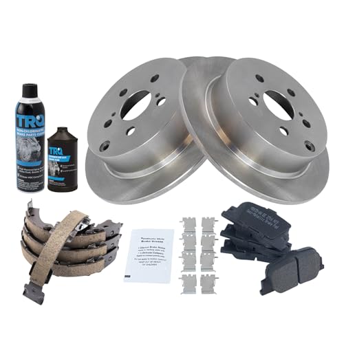 Image of TRQ Rear Brake Pad & Rotor Kit, with Chemical Kit Parking Brake Shoe Set Semi-Metallic Compatible with 2005-2010 Scion tC