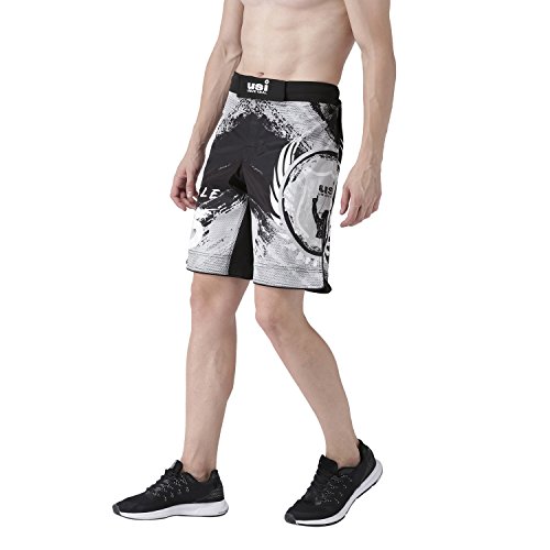 Image of USI Universal MMA Shorts for Training & Kickboxing, 411HB Unbeatable Shorts Tuf Stretch Fighting Shorts for Martial Arts, Cage Fight, Muay Thai, BJJ, Boxing (in, Alpha, S, Regular, Black /Grey)