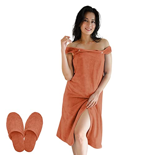 Image of Sassoon Venir Microfiber 450 Tc Bath Wrap Towel With Slippers For Women (Pack Of 1) - Rust Color