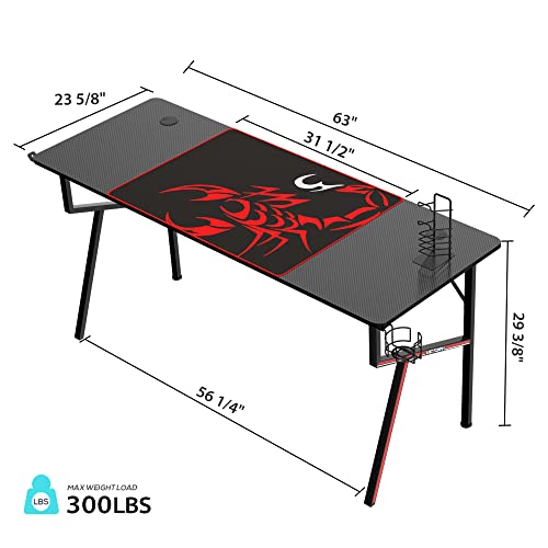 Ee Eureka Ergonomic Gaming Desk 63 Inch, K-Shaped Computer Desk With Large Mouse Pad, Gaming Setup Long Pc Computer Table Gamer Table With Cup Holder Headphone Hook And Gaming Handle Rack, Black #TOP2