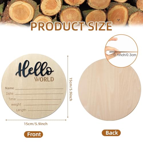 Image of Baby Announcement Sign, 5.9 Inch Wooden Hello World Newborn Signs, Birth Announcement Sign, Baby Shower Hospital Nursery for Newborn Boys and Girls (Black,Pen)