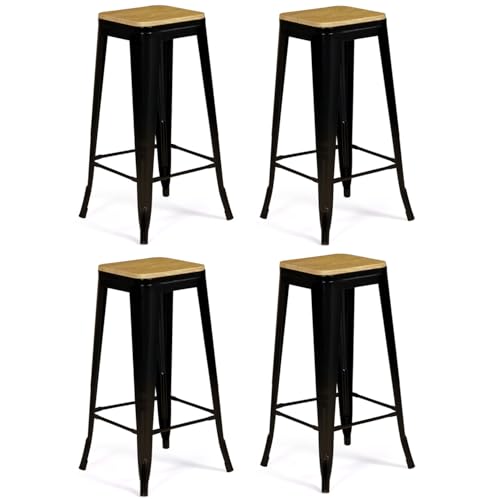 IDMarket - Lot de 4 tabourets de Bar Leny métal Noir Mat Assise Bois empilable Aspect Brut Factory
