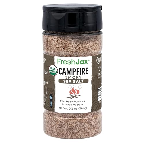 FreshJax Organic Campfire Smokey Sea Salt | 9.3 oz Large Bottle | Smoked Sea Salt with Chipotle Pepper | Non-GMO, Gluten-Free, Keto, Paleo, Vegan | Gourmet Seasoning for Meat, Veggies, Fish & Popcorn