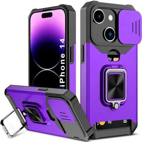 Image of LuxuryKase Shockproof Armor Case for iPhone 14 | Slide Camera Cover | Hidden Card Slot | Rotating Ring Kickstand | Magnetic Car Mount Support | Military Grade Protection - Purple