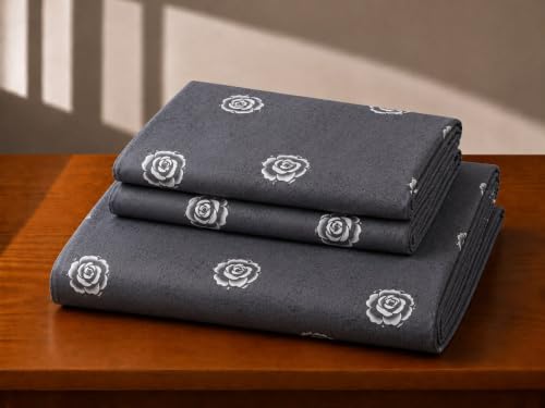 Image of Castiqa Elastic Fitted Supersoft Premium Polycotton 200TC King Size Bedsheets with 2 Pillow Covers | No Slip Bedsheet | (Gray Petals, King (72x78 Upto 10 inch Mattress))
