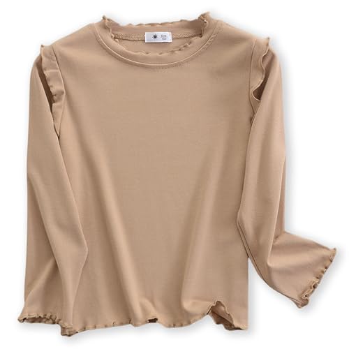 ACESTAR Girls Lettuce Edge Trim Crewneck Long Sleeve Slim Fit Shirt Toddler Basic Ribbed Knit Tee Ruffle Shoulder Tops