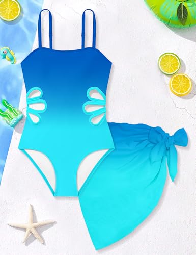 Image of Girls Swimsuit Adjustable Straps Cut Out One Piece Bathing Suit with Solid Color Cover Up Skirt Girls' Swimwear 5-16Y