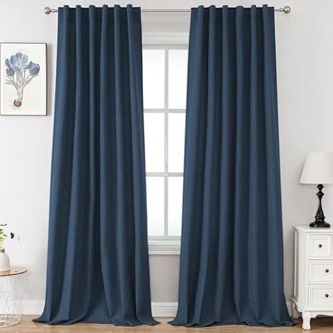 FantasDecor Linen Textured Curtains for Living Room Bedroom 96 inch Length 2 Panels Set Thick Rod Pocket Back Tab Rustic Farmhouse Drapes, 52W x 96L, Heather Navy Cover