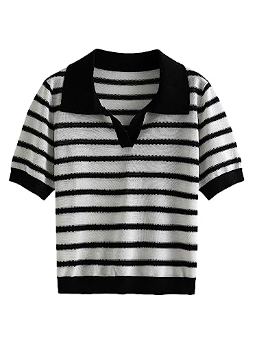 Women Lapel Collar Knit Black White Striped Short Sleeve Tops