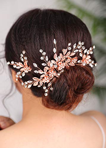 Denifery Wedding Pink Rhinestone Pearls Flower And Leaf Hair Comb Bridal Vintage Headpiece Crystal Women Hair Comb Bridal Hair Comb With 2 Pins Wedding Hair Piece Wedding Accessories #TOP2