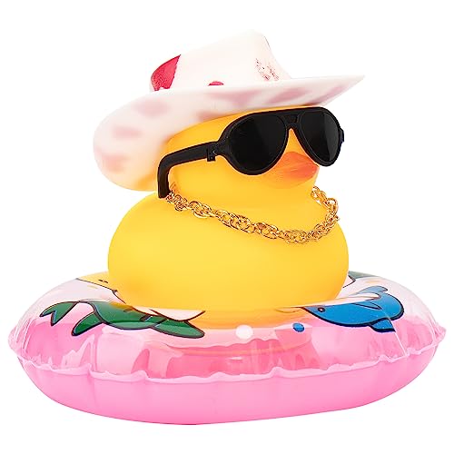 Image of wonuu Car Rubber Duck, Yellow Duck Decoration Dashboard with Sun Hat Swim Ring Necklace Sunglasses for Car Dashboard Decorations, Pink White Cowboy Hat-Pink Dolphin
