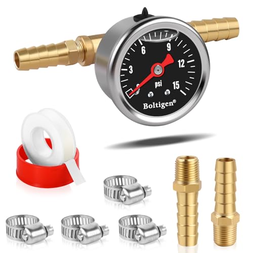 Boltigen Fuel Pressure Gauge, 0-15psi Fuel Pressure Gauge Kit, Glycerin Filled Fuel Pressure Regulator with Gauge for Car, 1/8'' NPT Inline Fuel Pressure Guage with 3/8'' 5/16'' Barb, Black