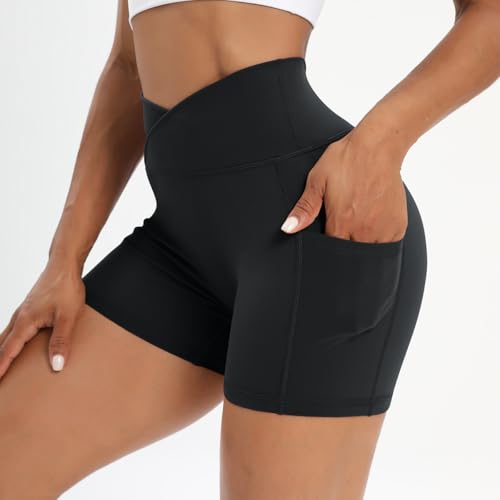 Image of Workout Shorts for Women 2 Pcs Pack Cross Waist Active Gym Spandex Stretchy Yoga Compression with Side Pockets