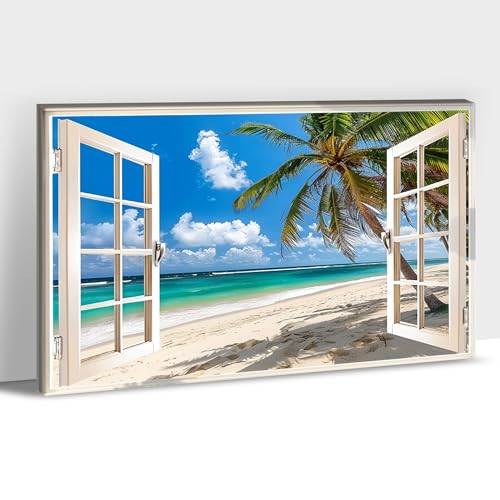 Beach Wall Art: 3D Blue Sea Coastal Painting, Palm Tree