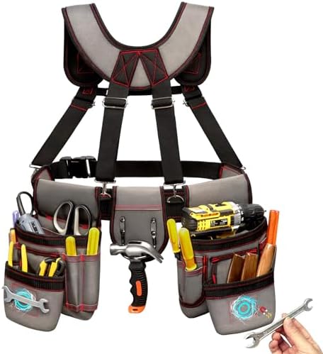 Tool Belt for Men, Professional Tool Belts with Suspenders, Magnetic Tool Pouch, Adjustable Utility Belt Tools Organizer, Heavy Duty Construction Work Bags Tool Pouch for Electrician, Carpenter