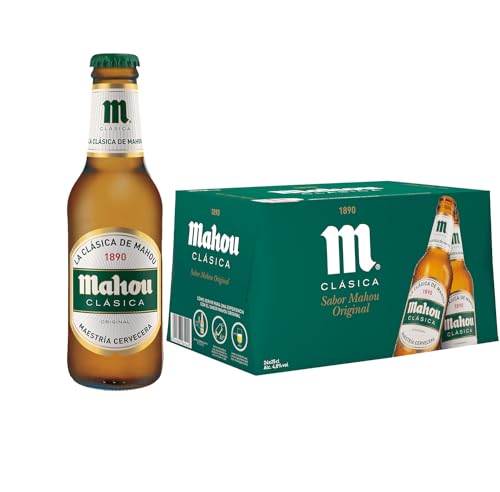 Mahou Clásica, Pack 24 Botellas x 25cl, Cerveza Dorada Lager, Auténtica Cerveza Mahou Con Sabor Suave, 4.8% Vol. Alcohol, El embalaje puede variar