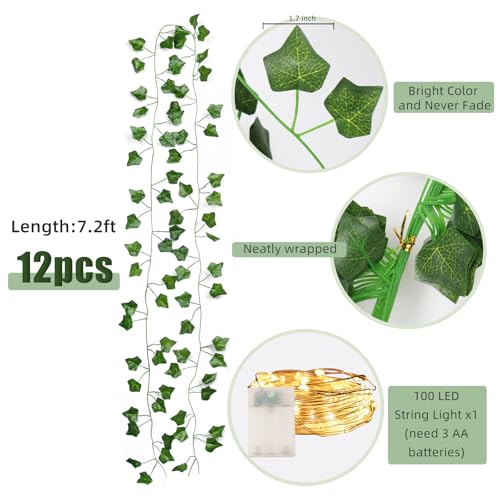 RECUTMS Artificial Ivy Garland 12 Pack 86 FT Fake Vines for Room Decor with 100 LED String Light Bedroom Aesthetic Hanging Greenery Garlands Backdrop Leaves for Wall Wedding Party Home Garden Decor