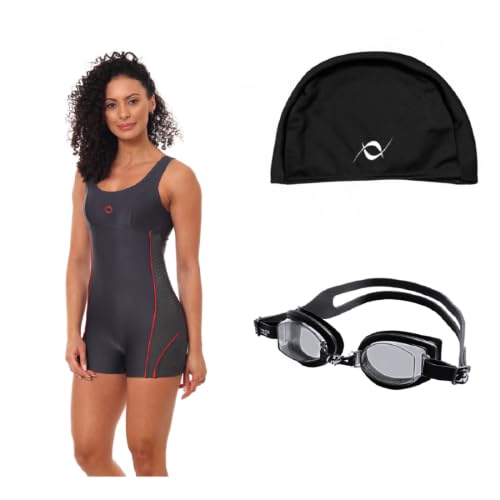 Kit Macaquinho Natação Hidroginástica Com Touca Helanca E Óculos Uv (Grafite - Touca Preta, G)