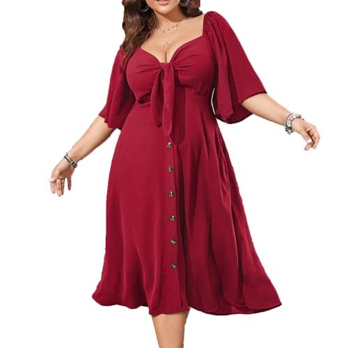 BSLVWG Damen Plus Size Sommerkleid 2024 Casual Kurzarm Sommer Tiefer Urlaub V-Ausschnitt Elegante Fliege Loose Fit T-Shirt Kleid (DE/NL/SE/PL,...