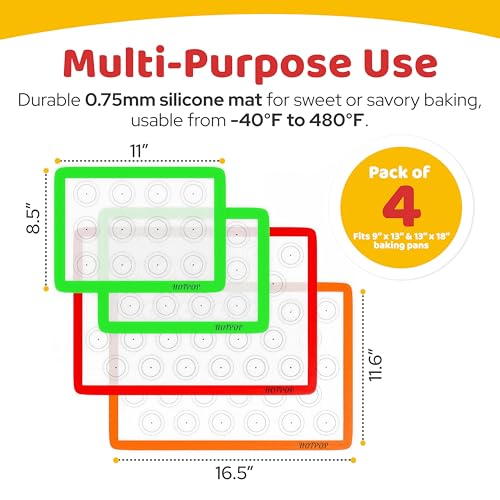 HOTPOP | Reusable Macaron Cookie Sheet, Non Stick Baking Mats, 0.75mm (2 Half Sheets, 2 Quarter Sheets), Set of 4